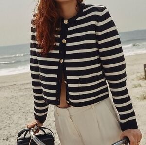 JCrew Emilie sweater lady jacket in black ivory stripe XS